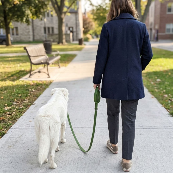 On aperçoit une femme de dos promenant son chien avec une laisse multipositions imperméable vert kaki.
