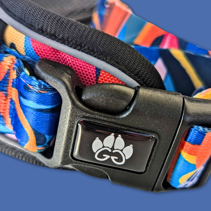 Gros plan sur la boucle  solide du harnais anti-traction Lagon. Ce harnais à des tons bleu, rouge, orange, jaune et noir.  