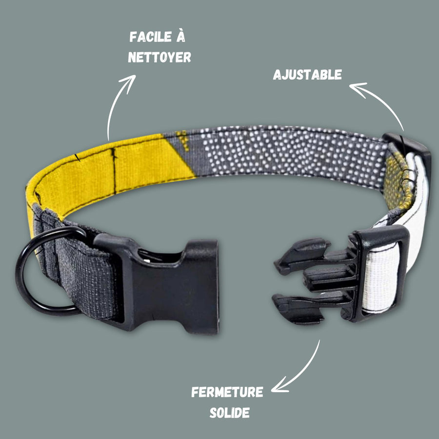 Collier chien en tissu, confortable et léger de la collection Elegant aux ton noirs jaune et blanc. Collier présenté ouvert pour montrer la boucle de fermeture