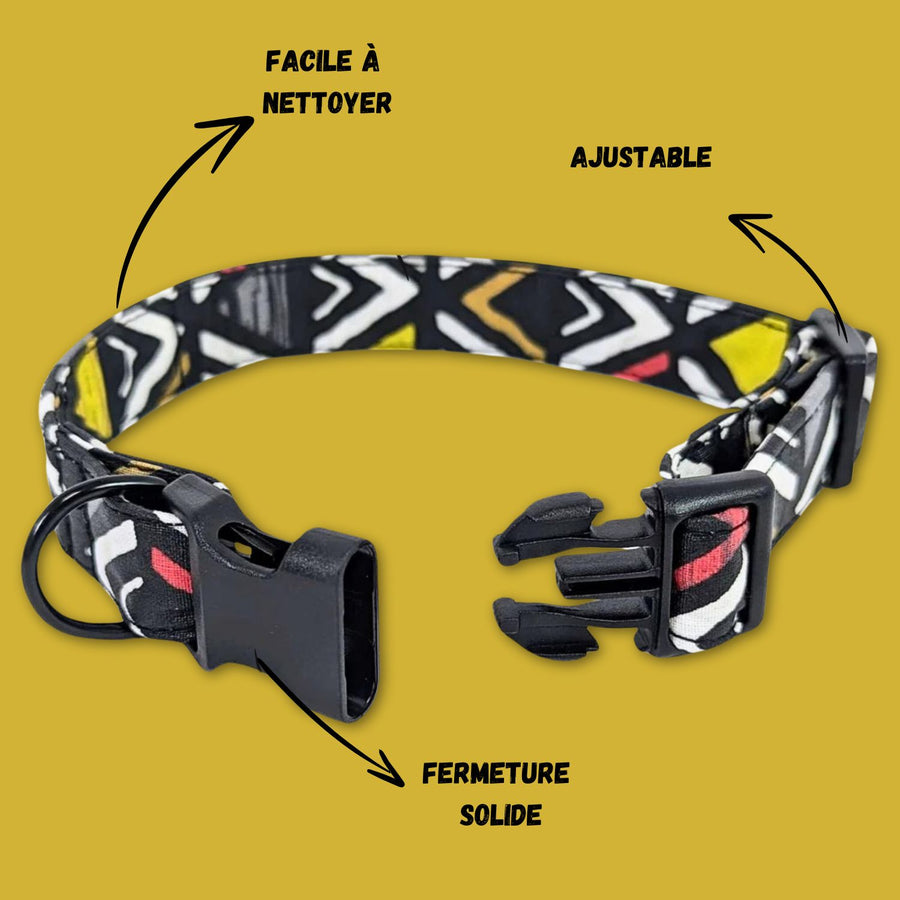 Collier tissu pour chien de la marque Goofy Goldens présenté ouvert afin de mettre en avant la boucle de fermeture solide