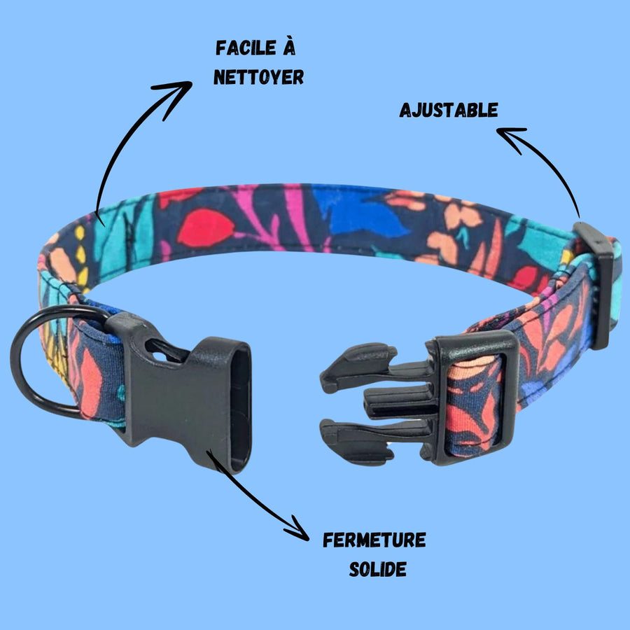 Collier pour chien de la collection Envoutant aux tons bleu vert orange et rouge. Collier ouvert sur la photo pour montrer la qualité de la boucle de fermeture