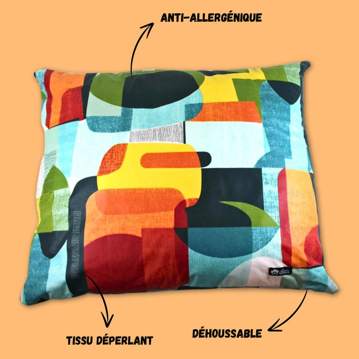 Coussin confortable, coloré et déhoussable pour chien. On voit ici les couleurs pétillante jaune rouge vert bleu et orange