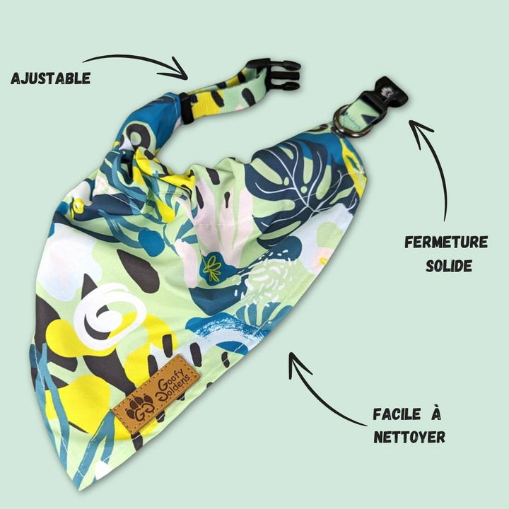 Collier et bandana ouvert de la marque française Goofy Goldens. Fermeture pratique et durable ainsi qu'un anneau noir en alliage.