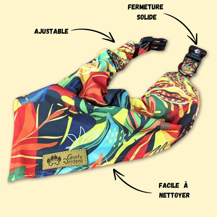 Caractéristiques du collier bandana pour chien de la collection Tropical. C'est un produit ajustable, avec fermeture solide et facile à nettoyer
