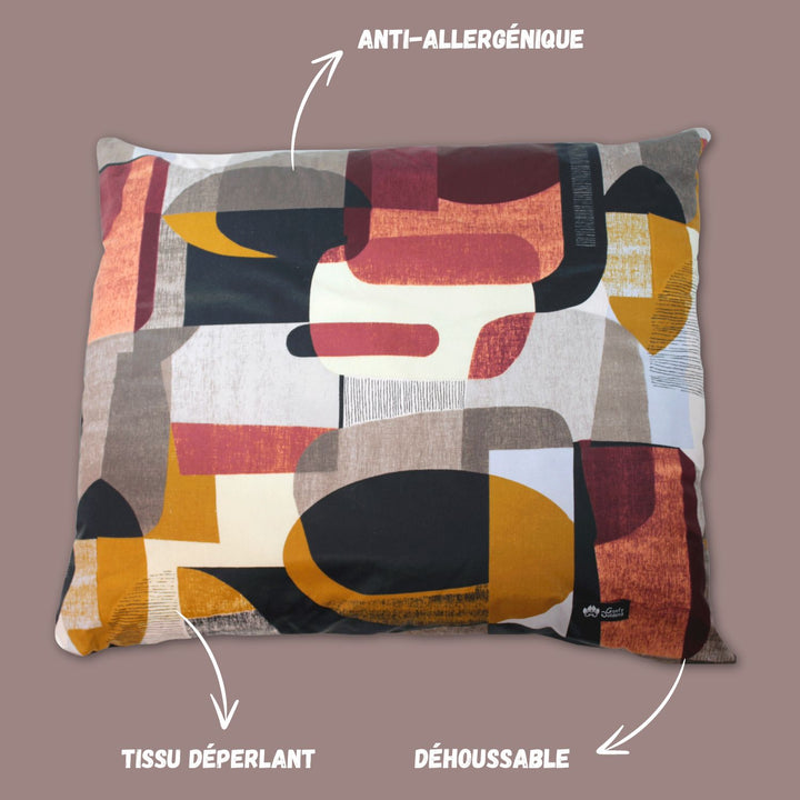 Image du coussin de la collection Automneavec des flèches indiquant: anti allergénique, tissu déperlant et déhoussable.