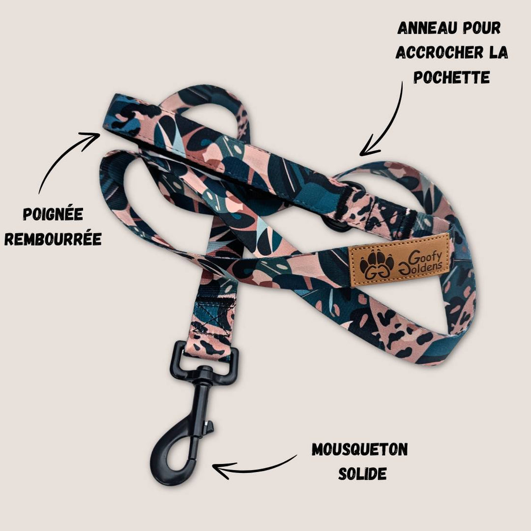 Laisse de la gamme Savane entièrement dépliée, mettant en évidence la poignée rembourrée pour un confort optimal ainsi que les systèmes d’attache robustes.