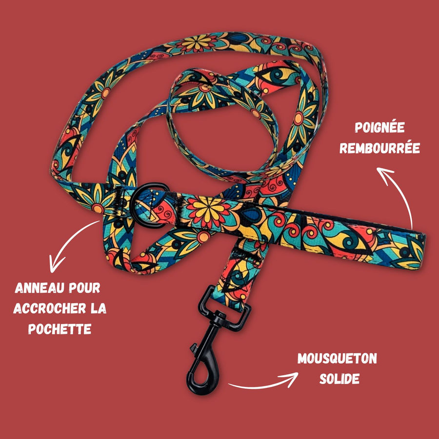 Laisse de la gamme Mandala entièrement dépliée, mettant en évidence la poignée rembourrée pour un confort optimal ainsi que les systèmes d’attache robustes.