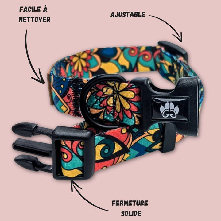 Collier de la marque Goofy-Goldens ,  présenté en gros plan. Il est réglable, facile à nettoyer, doté d’une attache solide.