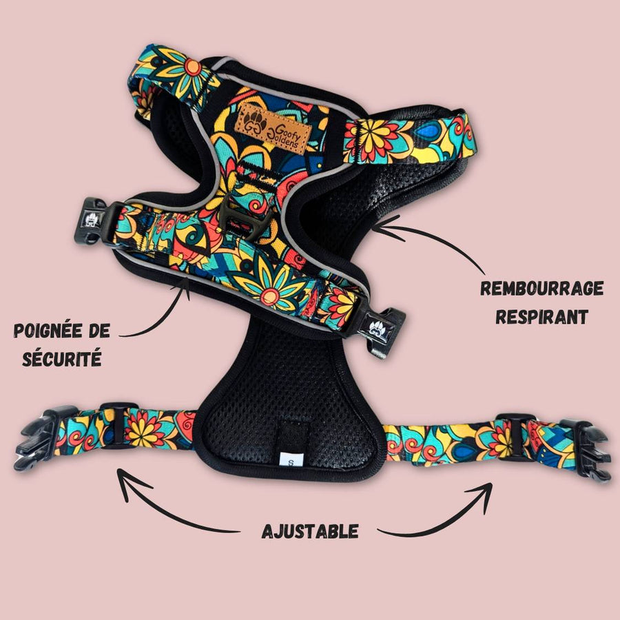 Un harnais anti-traction de la gamme Mandala, présenté à plat et ouvert afin de distinguer le double rembourrage,la poignée de sécurité et les boucles d'ouverture.