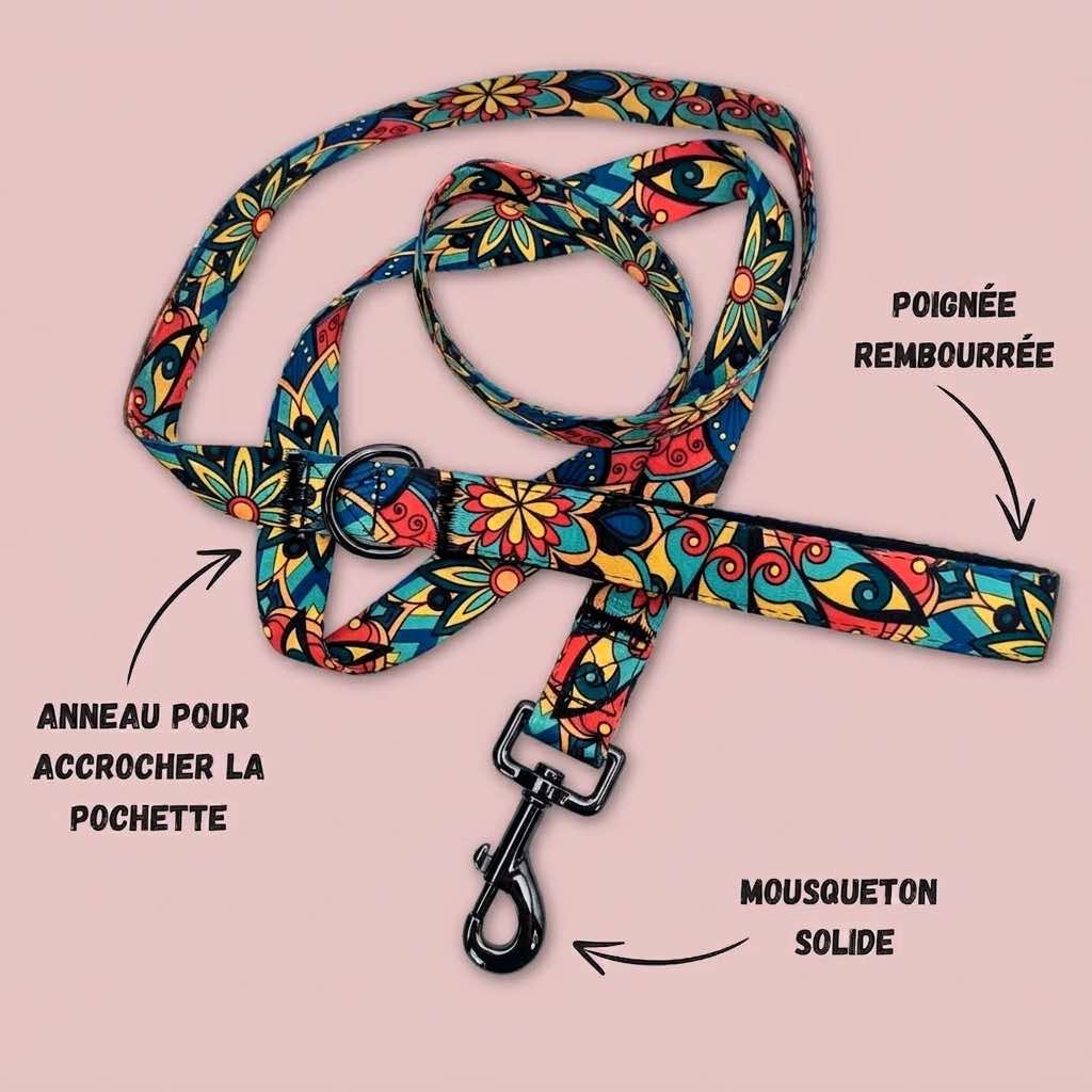 Laisse de la gamme Mandala entièrement dépliée, mettant en évidence la poignée rembourrée pour un confort optimal ainsi que les systèmes d’attache robustes.