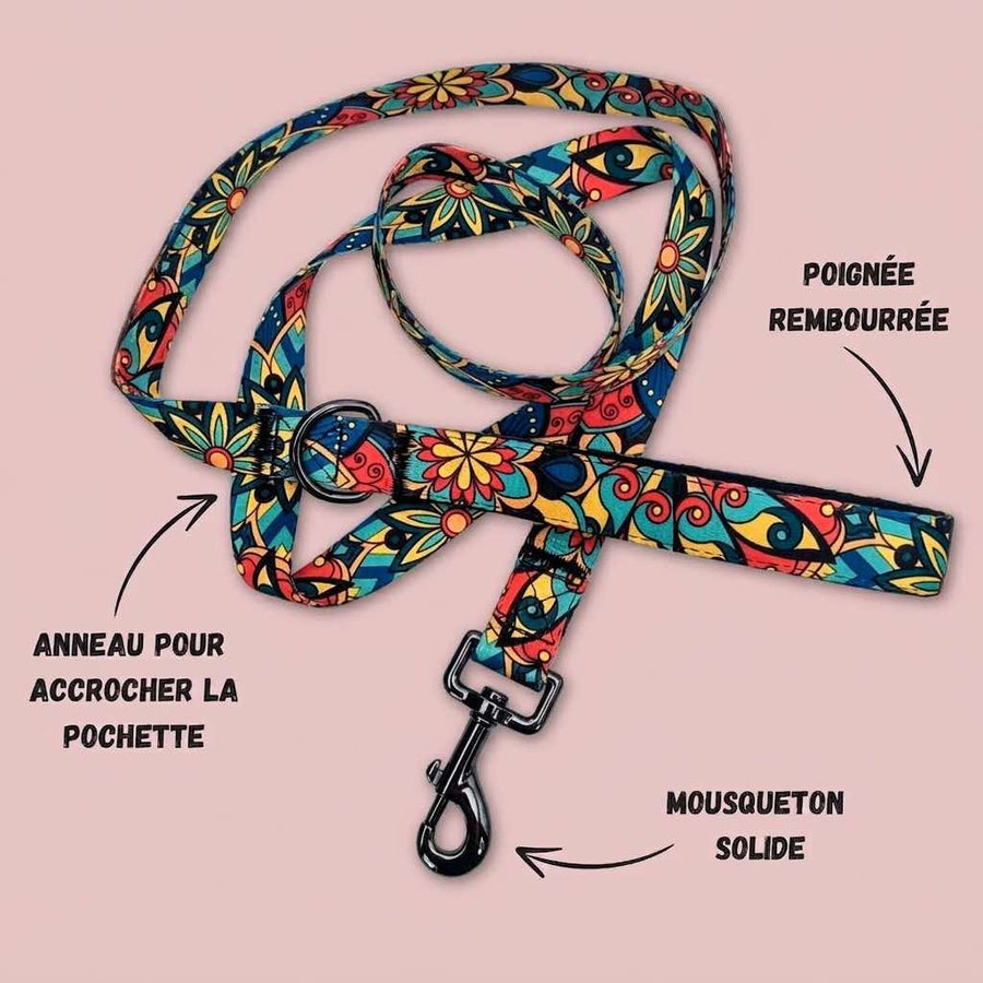 Laisse de la gamme Mandala entièrement dépliée, mettant en évidence la poignée rembourrée pour un confort optimal ainsi que les systèmes d’attache robustes.