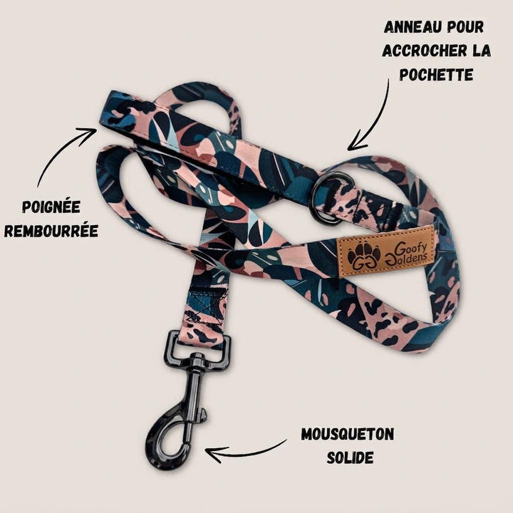 Laisse de la gamme Savane entièrement dépliée, mettant en évidence la poignée rembourrée pour un confort optimal ainsi que les systèmes d’attache robustes.