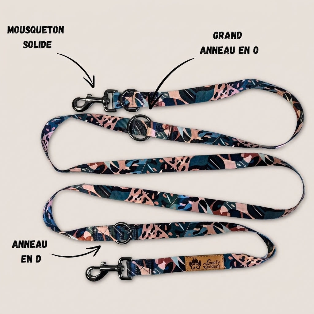 Laisse multiposition de la gamme Savane, équipée de deux grands anneaux en D, d'un anneau en O, ainsi que de deux mousquetons