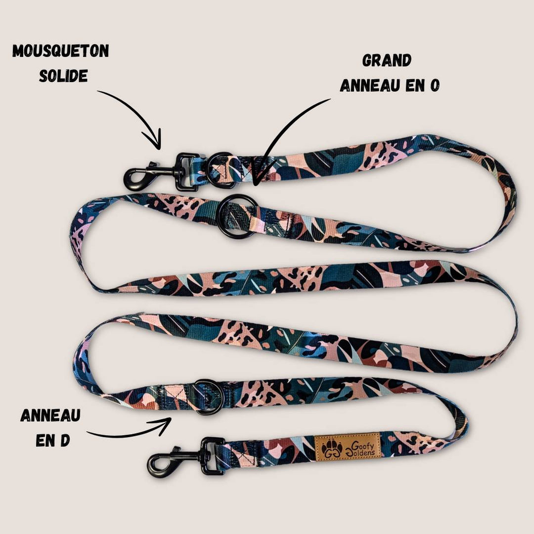 Laisse multiposition de la gamme Savane, équipée de deux grands anneaux en D, d'un anneau en O, ainsi que de deux mousquetons