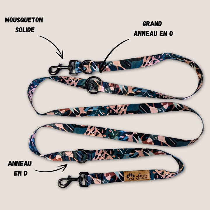 Laisse multiposition de la gamme Savane, équipée de deux grands anneaux en D, d'un anneau en O, ainsi que de deux mousquetons