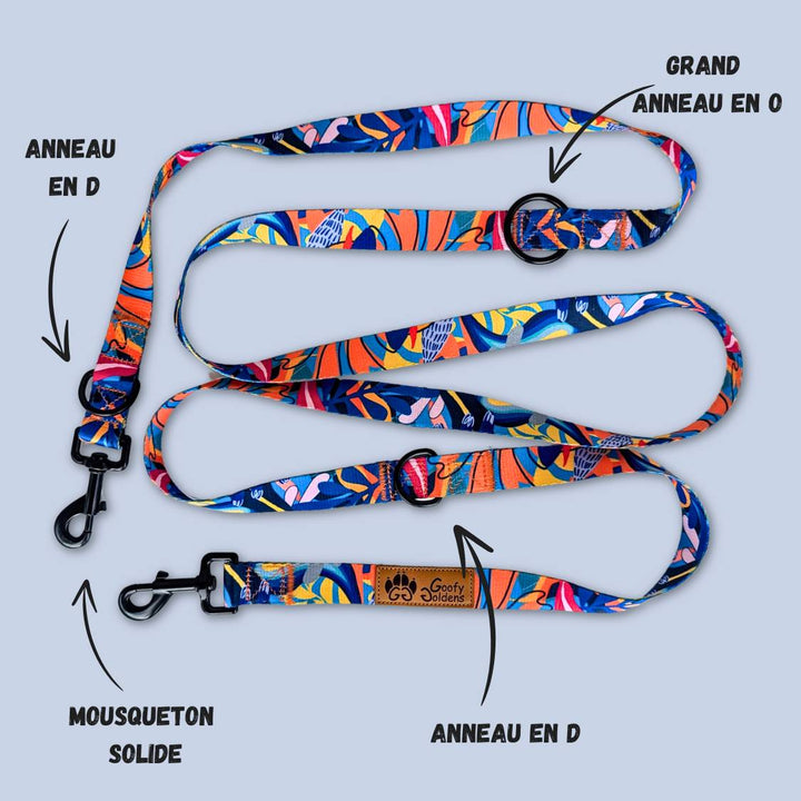Laisse multiposition ornée de motifs colorés jaunes, bleus et oranges, équipée de deux grands anneaux en D, d'un anneau en O, ainsi que de deux mousquetons