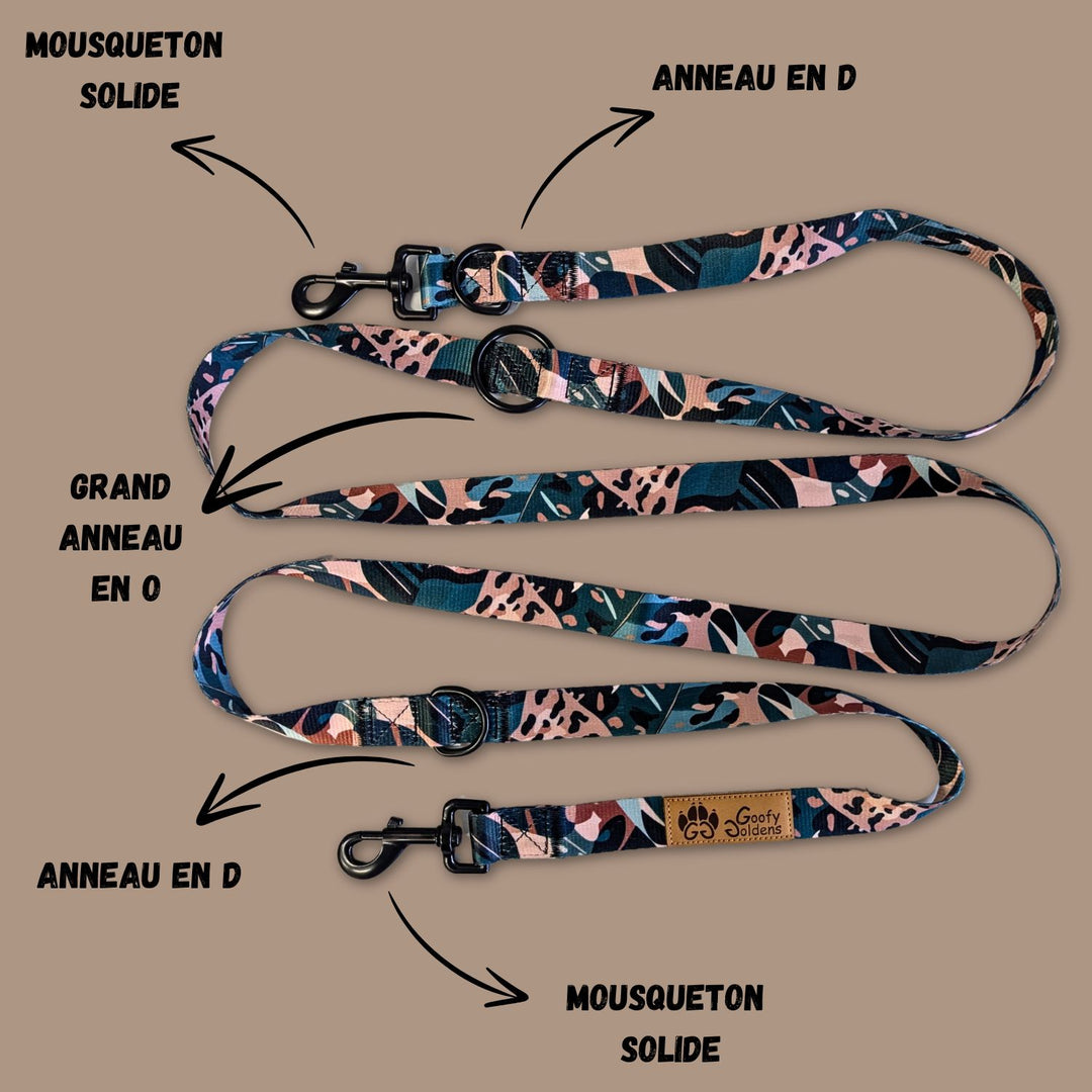 Laisse multiposition de la gamme Savane, équipée de deux grands anneaux en D, d'un anneau en O, ainsi que de deux mousquetons