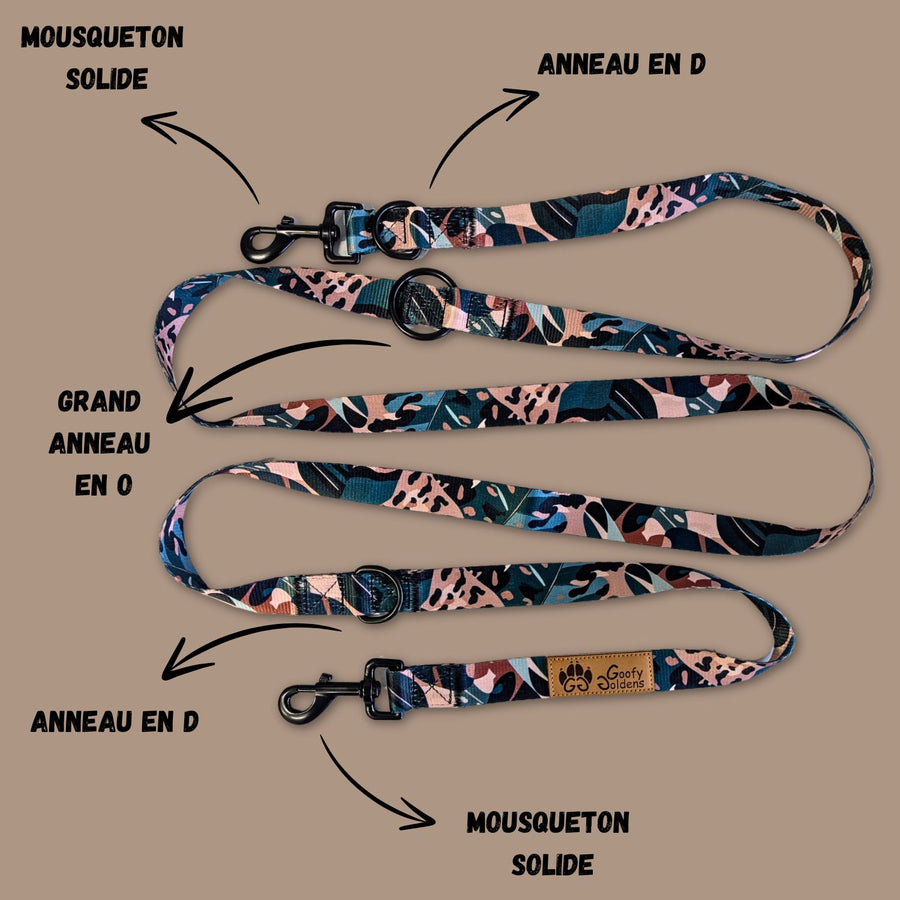 Laisse multiposition de la gamme Savane, équipée de deux grands anneaux en D, d'un anneau en O, ainsi que de deux mousquetons