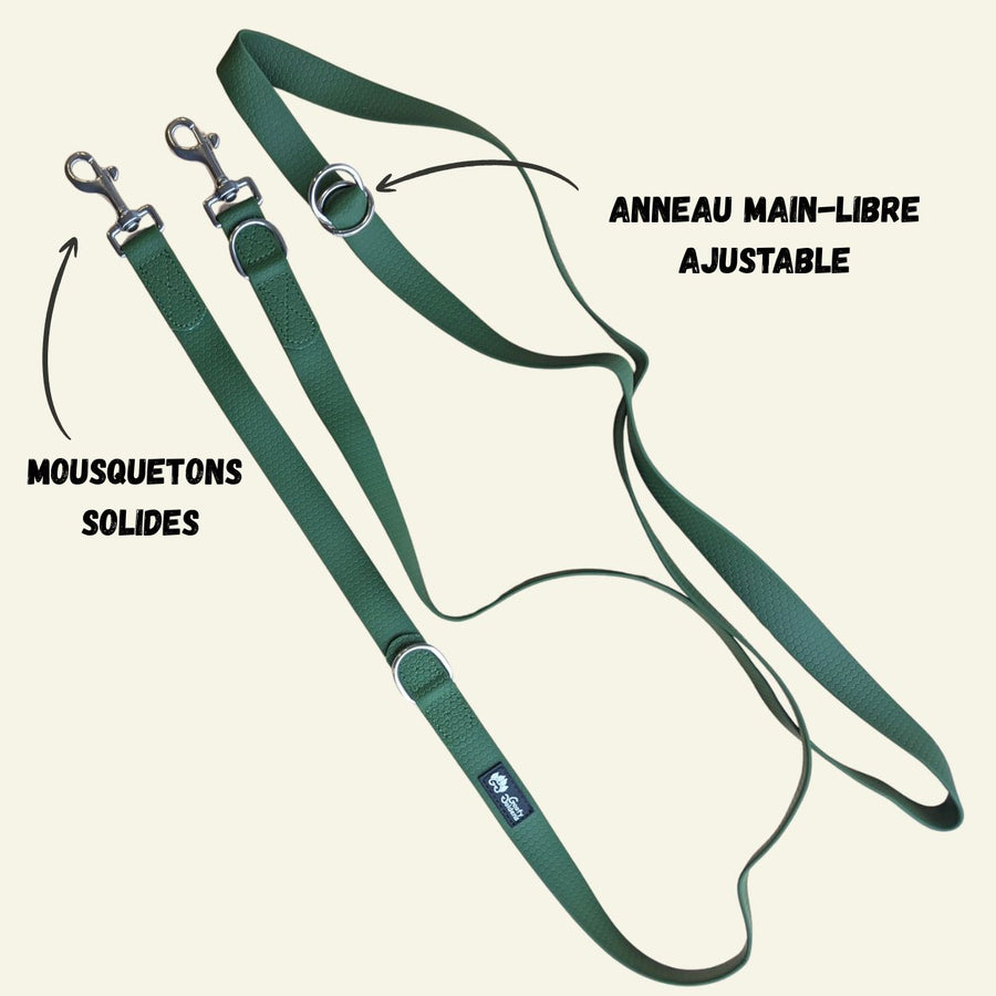 Laisse multiposition imperméable vert kaki, équipée de deux grands anneaux en D, d'un anneau ajustable , ainsi que de deux mousquetons