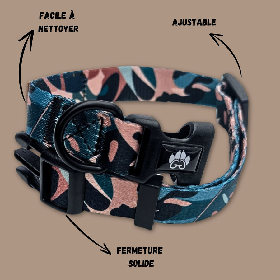 Collier Goofy Goldens présenté en gros plan : réglable, facile à nettoyer et équipé d’une attache robuste.