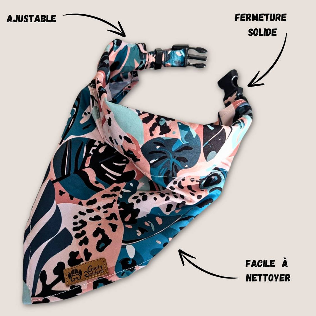 Caractéristiques du collier bandana pour chien de la collection Savane. C'est un produit ajustable, avec fermeture solide et facile à nettoyer