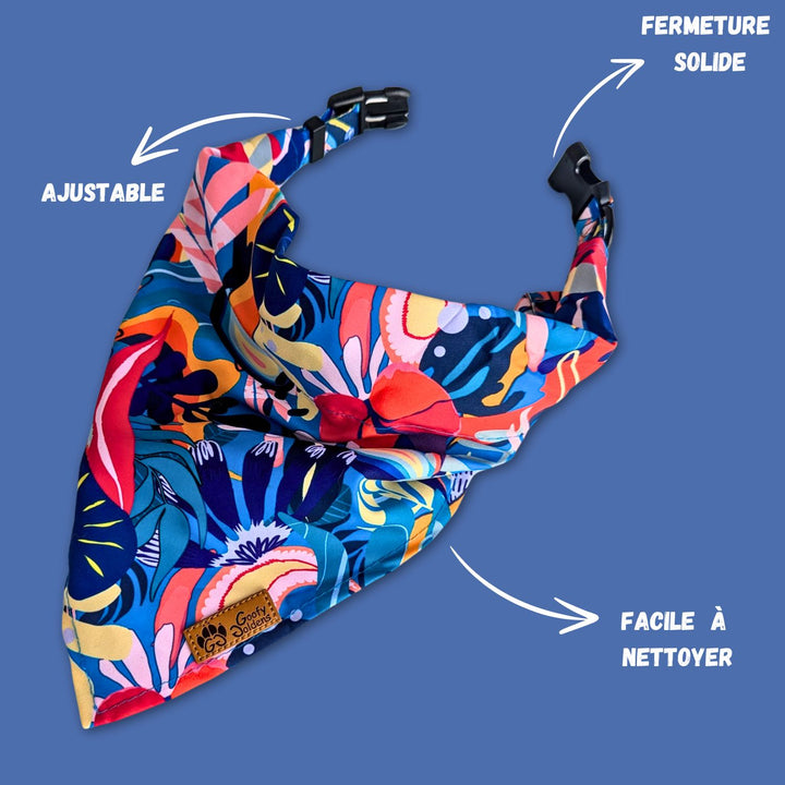 Collier et bandana ouvert de la marque Goofy Goldens. Fermeture pratique et durable ainsi qu'un anneau noir en alliage.