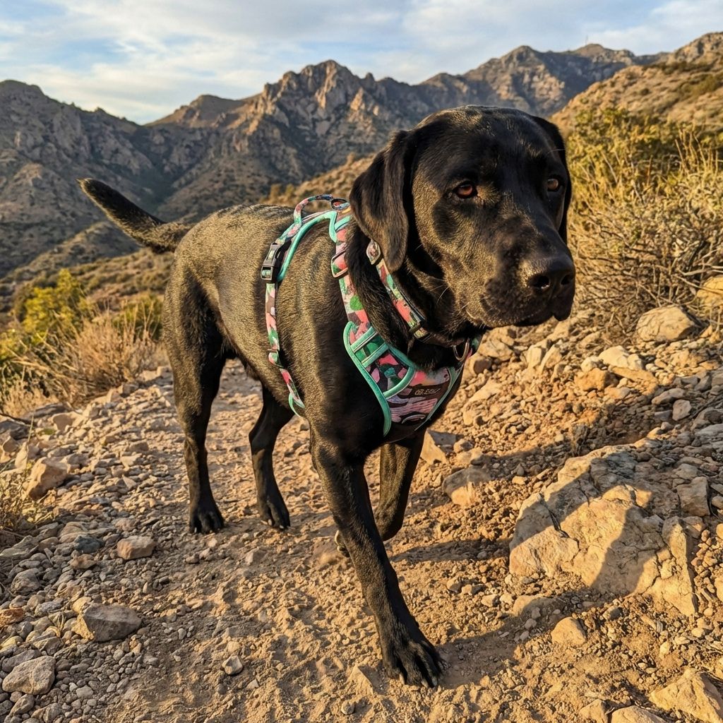Sur les chemins escarpés, un labrador explore la montagne, harnais confort cactus parfaitement ajusté.