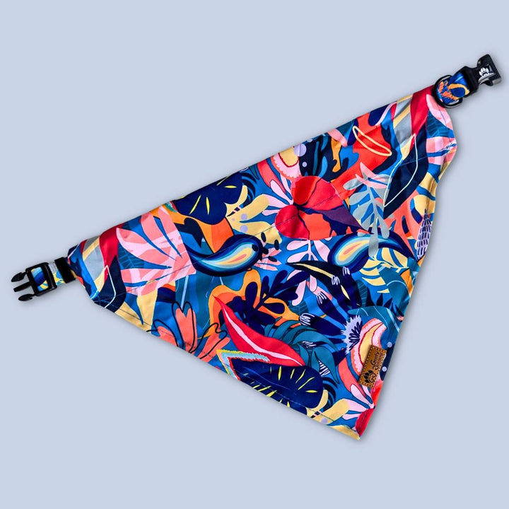 Vu sur le collier bandana Lagon aux couleurs vives ,ouvert de la marque Goofy Goldens.