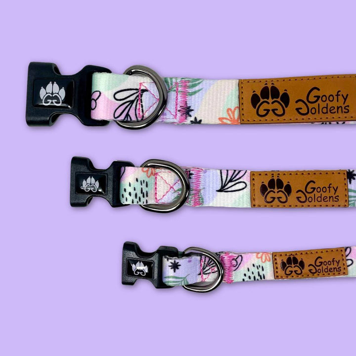 Les 3 tailles de largeur de collier pour chien de la collection Pastel de chez Goofy Goldens sont représentées sur la photo