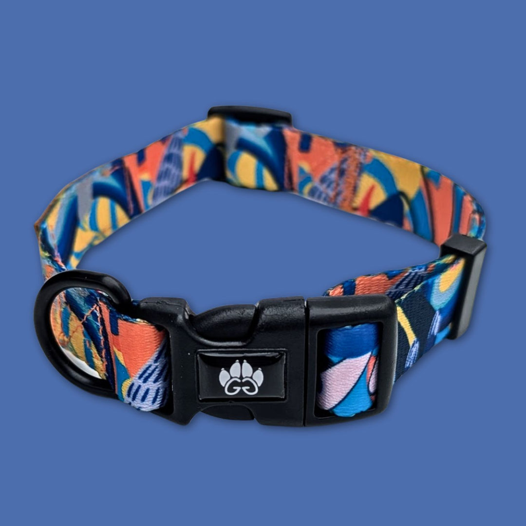 Gros plan sur la boucle de fermeture et l’anneau d’attache de la laisse Lagon, mélanges de bleu, rouge, orange, jaune et noir.