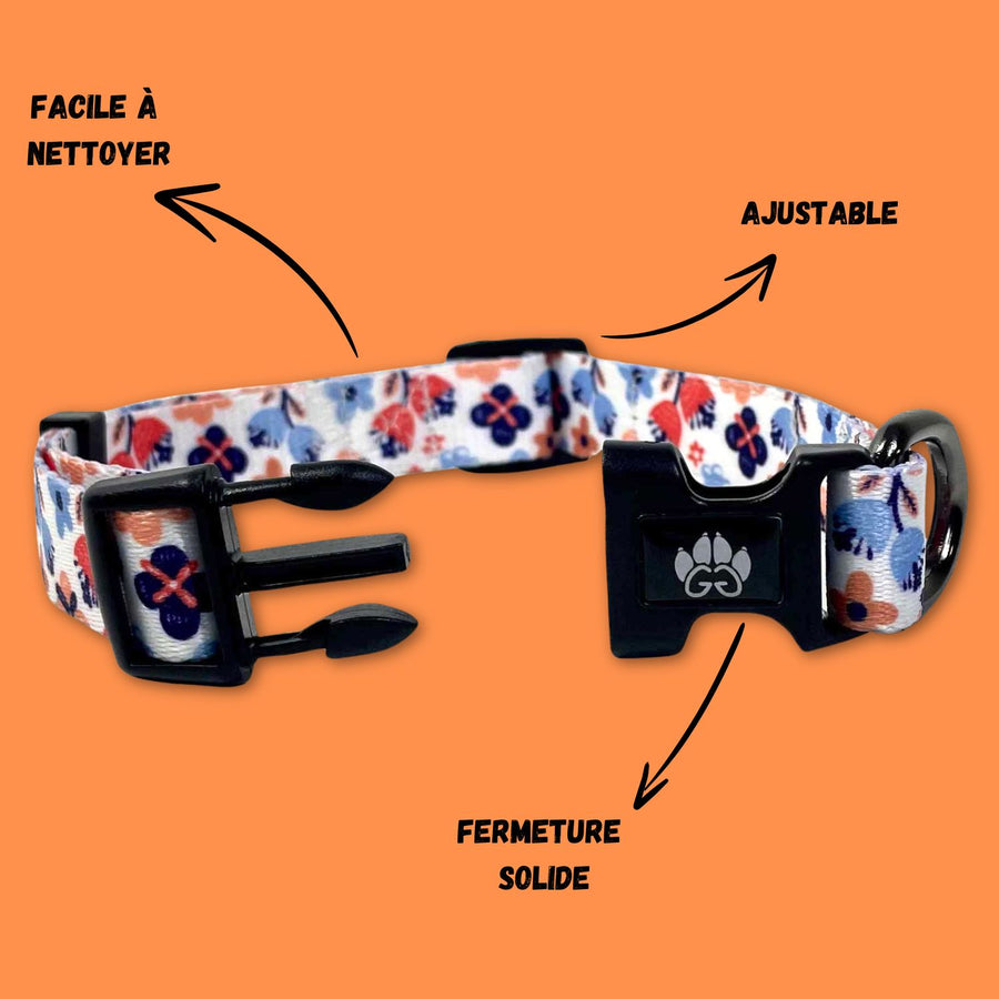 Collier pour chiens de la collection Printemps aux tons bleus et orange. Présenté ouvert pour montrer la boucle de fermeture robuste et solide.