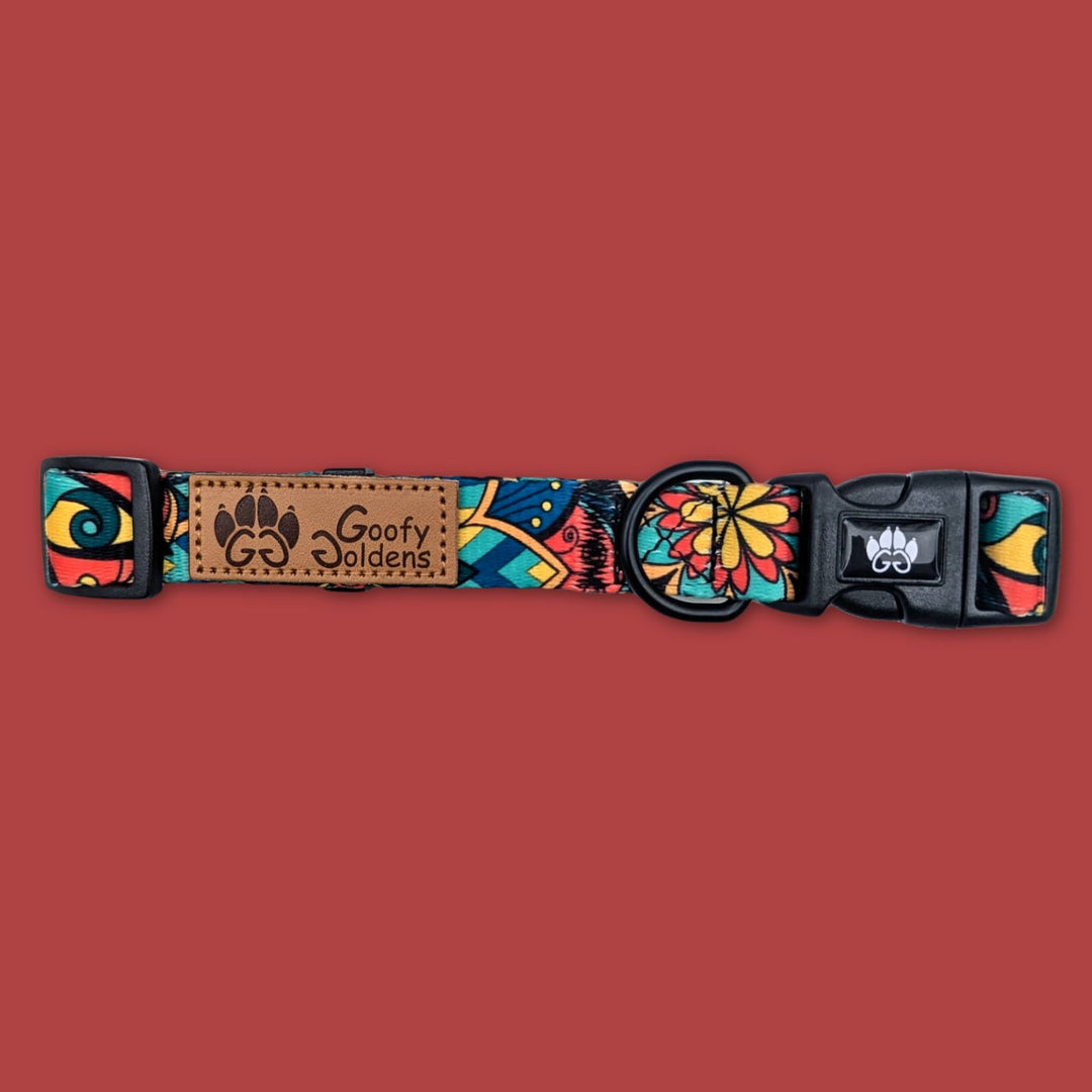 Collier Mandala de la marque Goofy Goldens, mettant en évidence l’anneau d’attache solide, la boucle de fermeture ornée du logo, ainsi que le système de réglage ajustable.