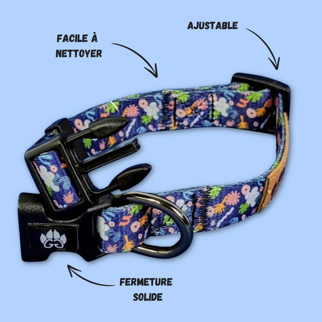 Collier pour chien de la collection Deep Agua de chez Goofy Goldens aux tons bleu, vert et orange avec boucle ouverte