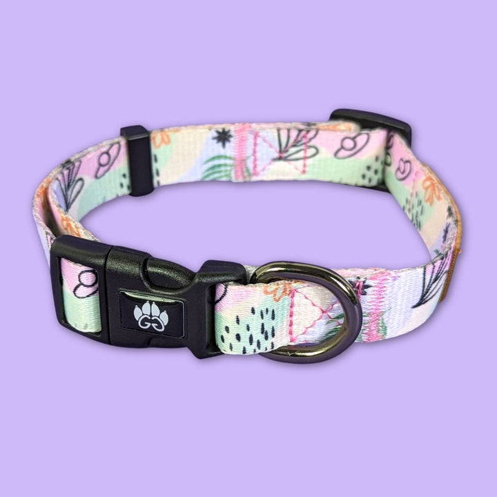 Collier pour chien Pastel de la marque Goofy Goldens. Présenté de face pour mettre en avant la boucle et l'anneau solides