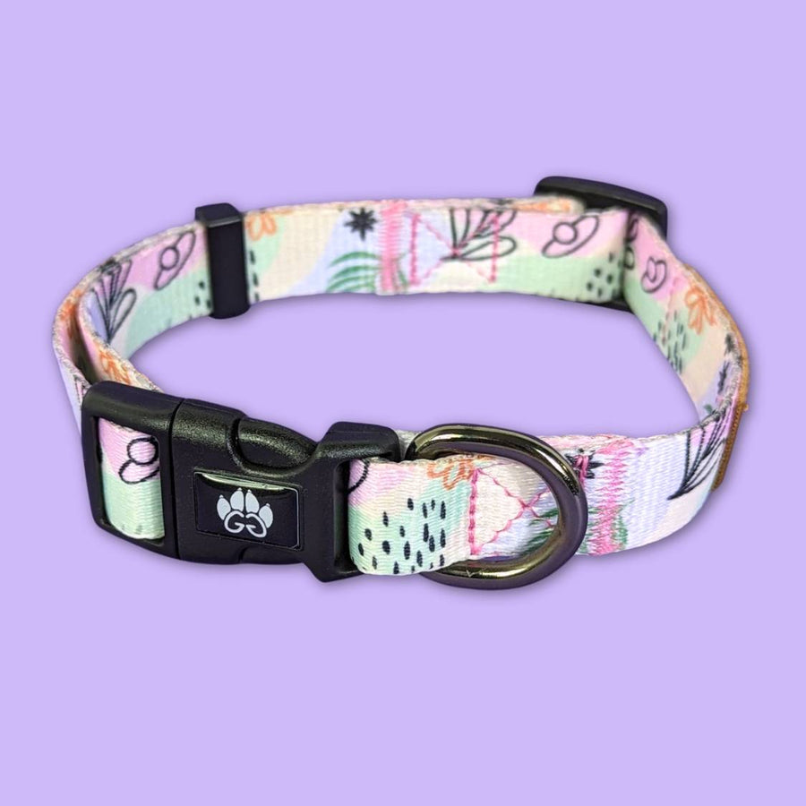 Collier pour chien Pastel de la marque Goofy Goldens. Présenté de face pour mettre en avant la boucle et l'anneau solides