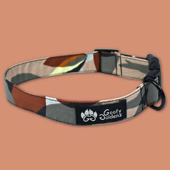 Collier tissu pour chien de la marque Goofy Goldens. Collection Nature aux couleurs marrons gris et orangé.