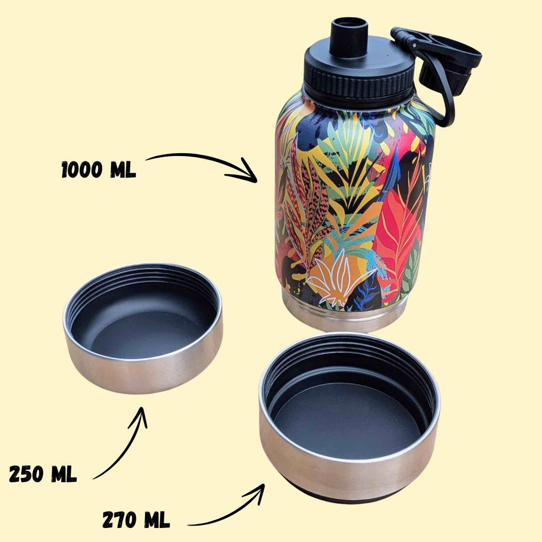 Gourde isotherme pour chien Tropical d’une contenance de 1000 ml, équipé de deux bols à visser : l’un de 250 ml et le second de 270 ml.