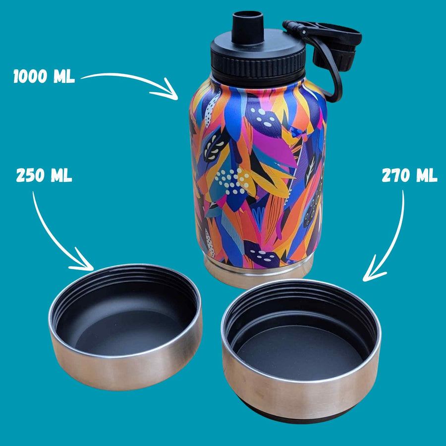 Gourde Panache pour chien, 1000 ml, équipée de deux récipients vissables (250 ml et 270 ml) et d’un bec verseur pratique pour un usage facile.