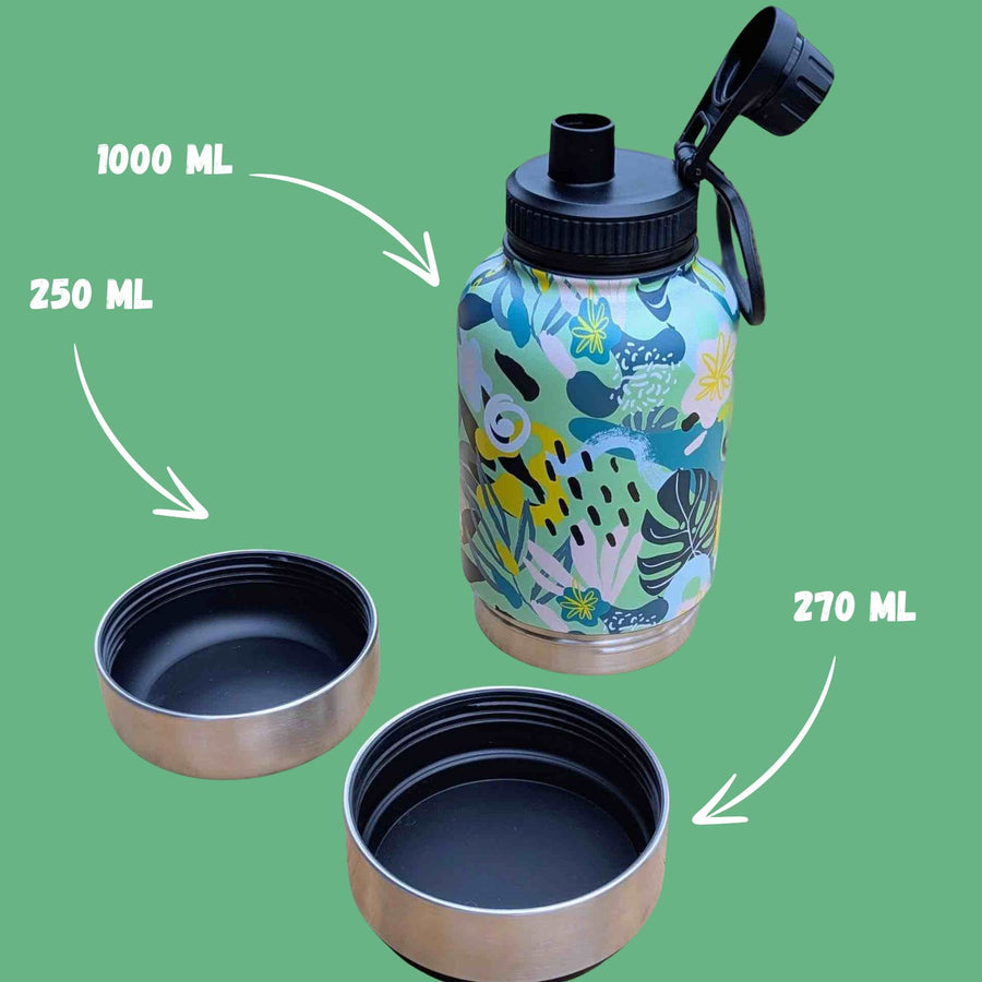 Gourde colorée pour chien Récif d’une capacité de 1000 ml, comprenant deux récipients vissables : l’un de 250 ml et l’autre de 270 ml et équipée d’un bec verseur pratique.