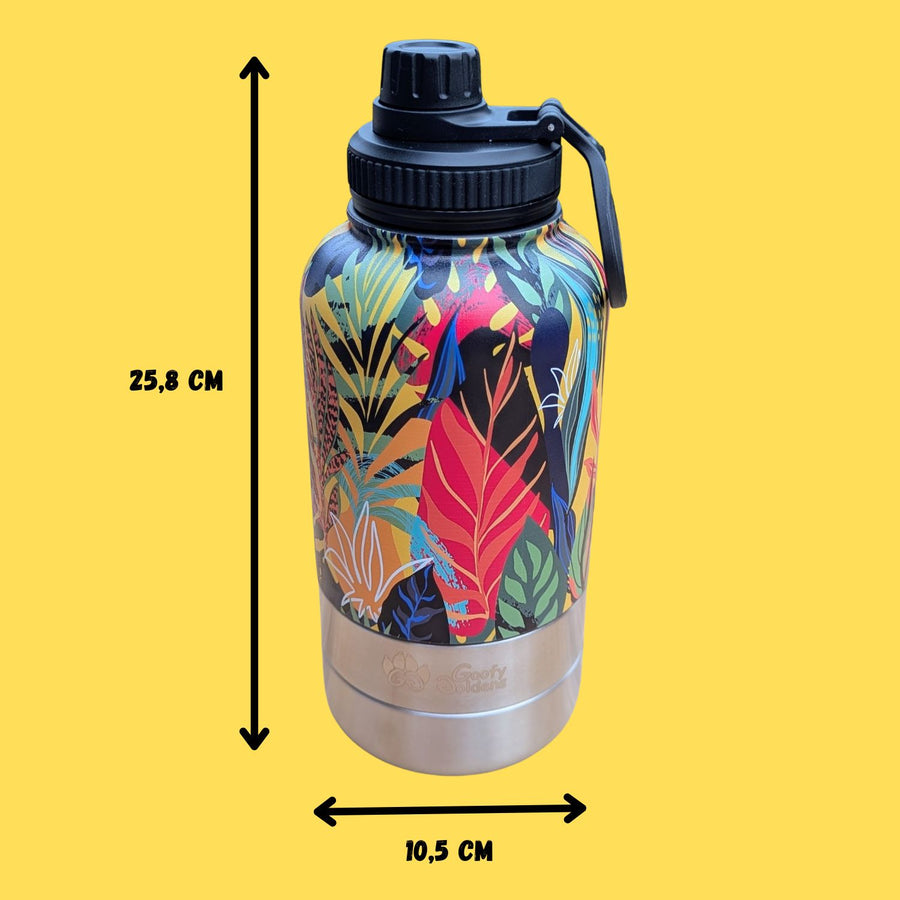 Gourde de randonnée de la gamme Tropical, présentant les dimensions du produit (25,8 cm x 10,5 cm) et conçue pour une facilité de transport optimale.