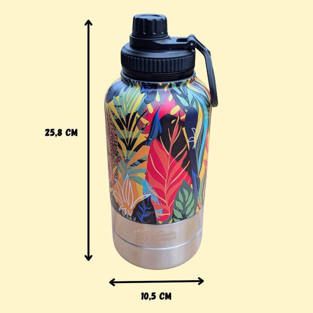 Gourde de randonnée de la gamme Tropical, présentant les dimensions du produit (25,8 cm x 10,5 cm) et conçue pour une facilité de transport optimale.