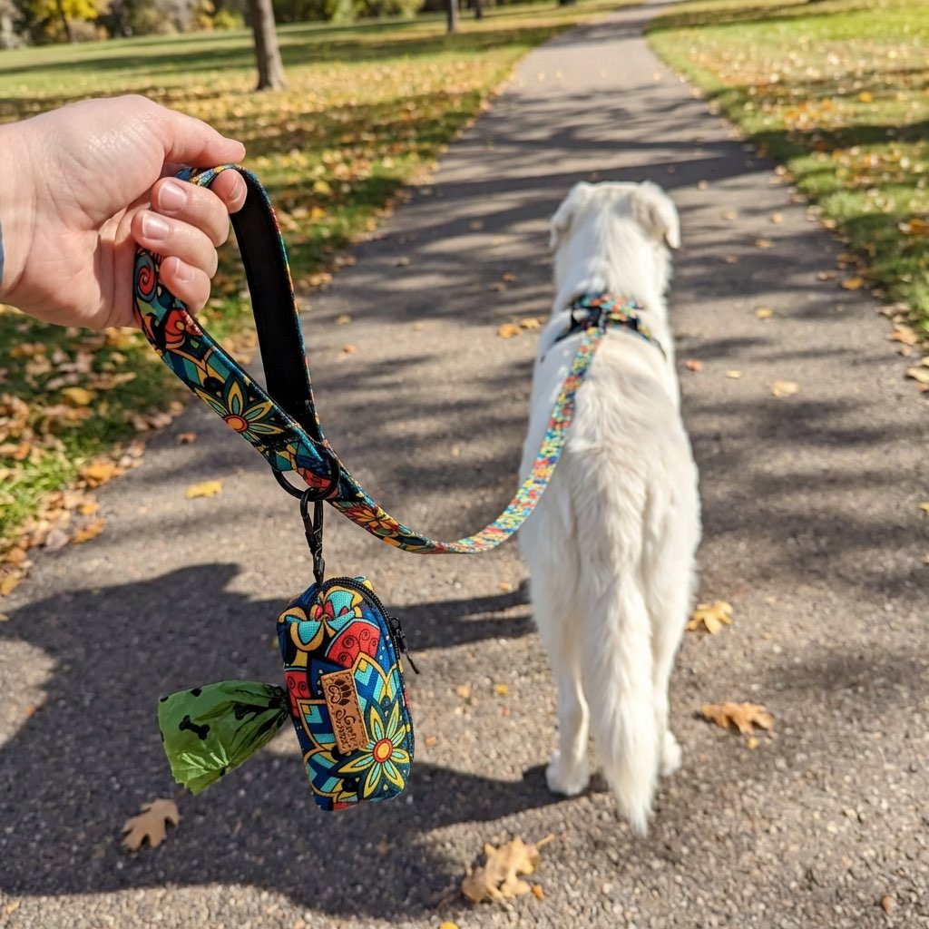 Un maître et son chien profitent d’une balade dans le parc, le chien équipé d’un harnais et d’une laisse de la collection Mandala, avec un petit distributeur de sacs à crottes ou de friandises accroché à la laisse.