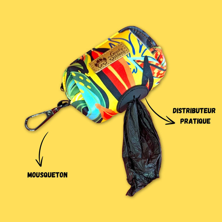 zoom sur les caractéristiques du distributeur de sac à crottes Tropical avec sac et mousqueton