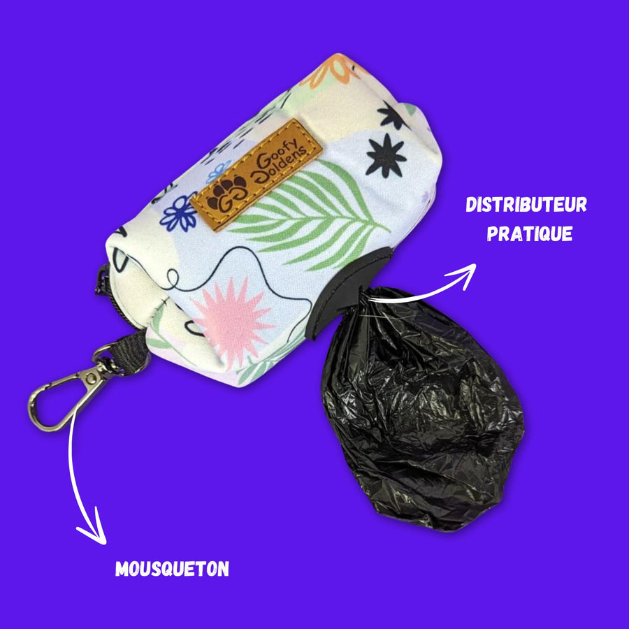 mise en situation de la pochette de sacs à crottes pour chien pastel avec sac noir qui ressort 