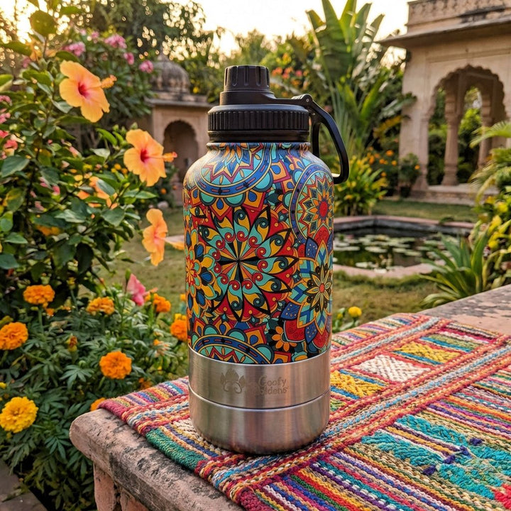 Une gourde 3-en-1 décorée de motifs mandala verts, rouges, jaunes et bleus est posée sur une table en pierre,dans un jardin luxuriant.
