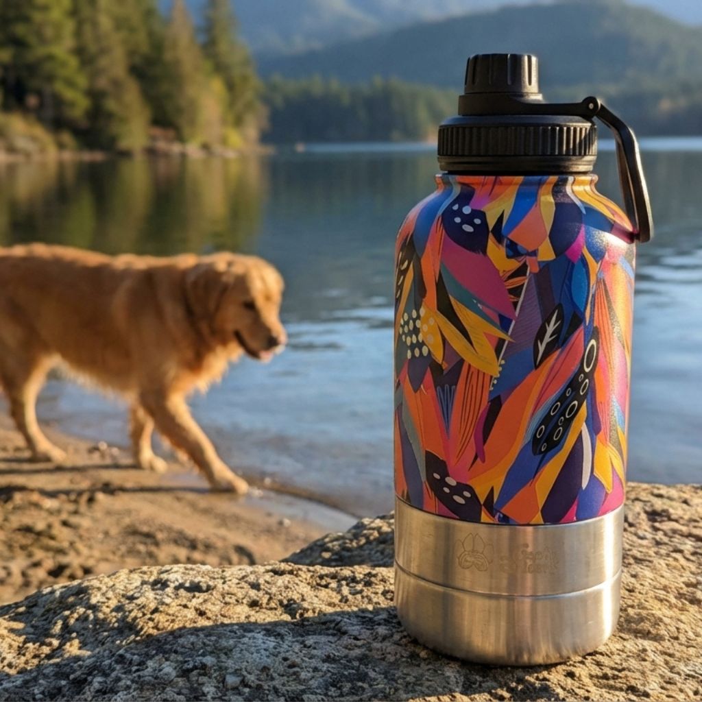 Au premier plan, on distingue une gourde 3-en-1 de la gamme Panache, aux couleurs vives, tandis qu’en arrière-plan, un labrador se promène le long d’un lac.