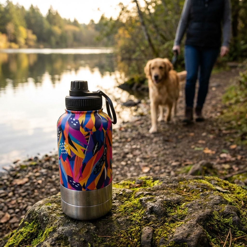 En arrière-plan, on aperçoit un maître et son chien se promenant le long d’un étang, se dirigeant vers une gourde 3-en-1 de la gamme panche posée sur un rocher.