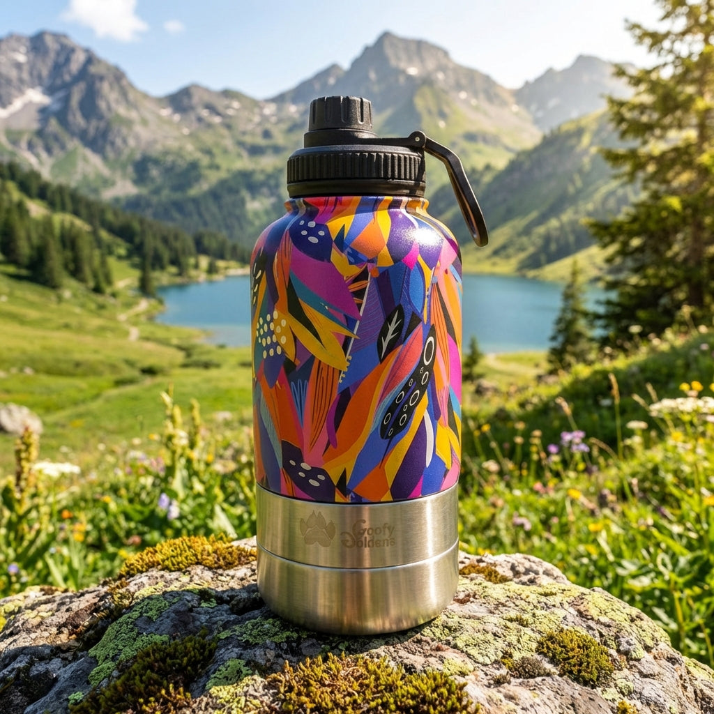 Aux tons jaune, orange, bleu, violet et fuchsia, la gourde 3-en-1 de la gamme Panache trône sur un rocher avec en arrière-plan un lac entouré de montagnes 