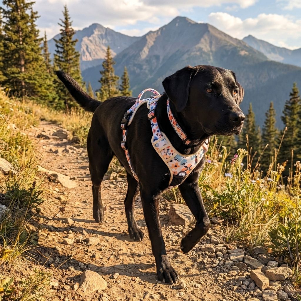Sur les sentiers montagneux, un labrador marron explore la nature, son harnais confort printemps parfaitement ajusté.