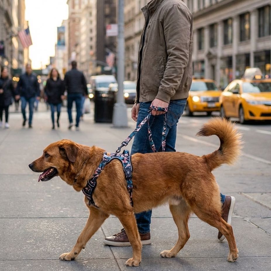 chien marron portant le harnais savane et marchant en ville avec son maitre qui le tient avec la laisse savane
